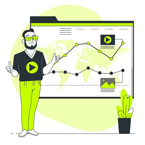 Man in front of data chart put on top the world map all in electric green hue